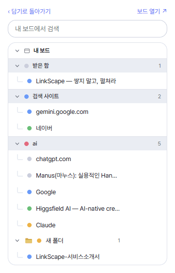 확장 목록 보기 — 보드별 그룹과 폴더가 트리로 정리된 화면